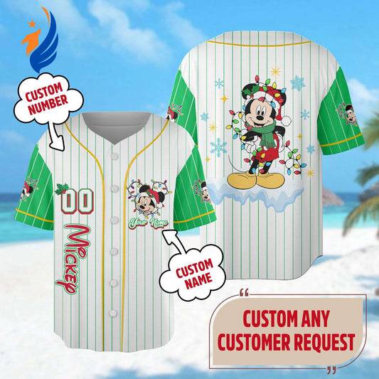 Custom Mickey Mouse Christmas Baseball Jersey - Festive Mickey Xmas Holiday Shirt for Magic Kingdom Team - Bafud