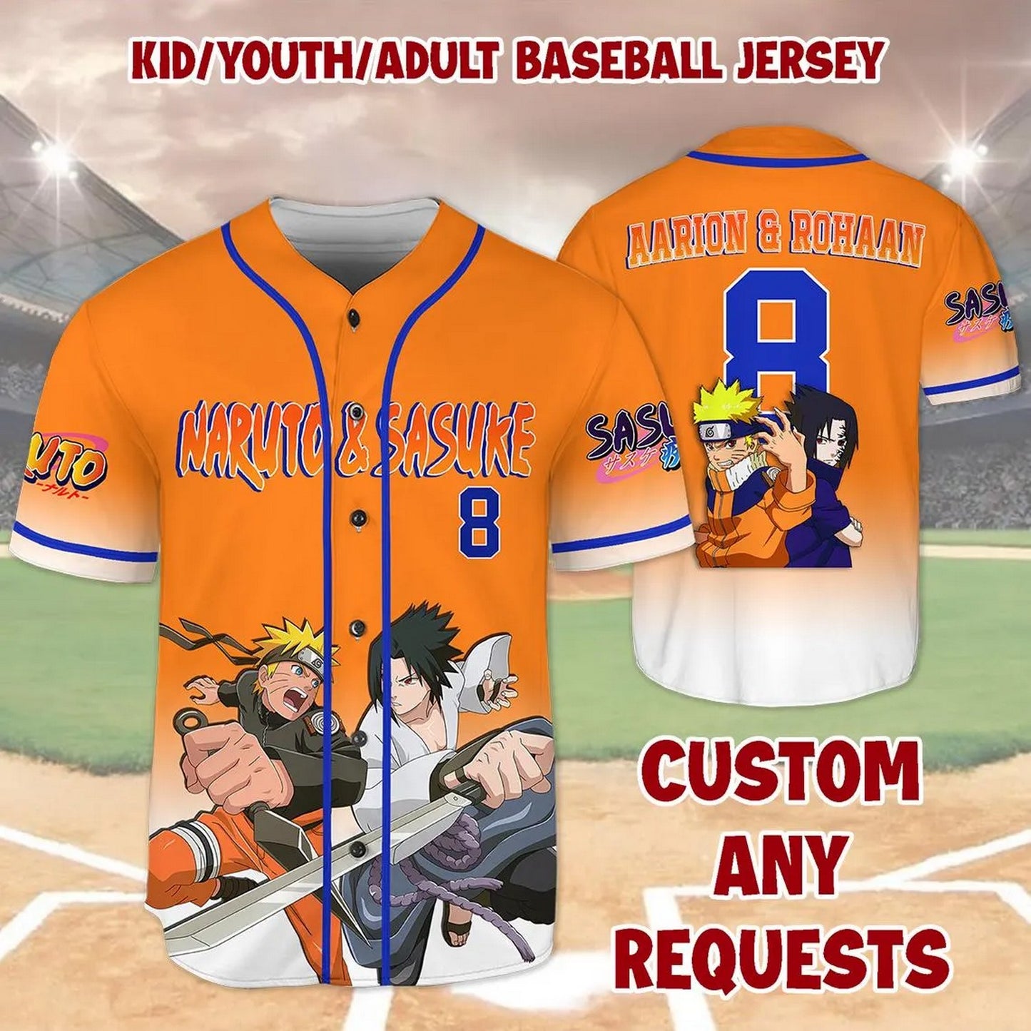 Custom Name And Number Anime Naruto &amp; Sasuke Orange Baseball Jersey