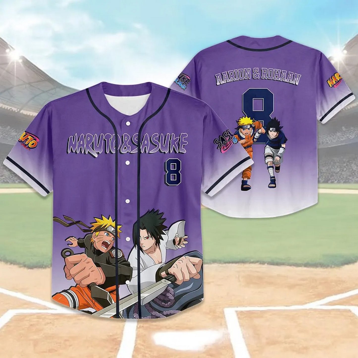 Custom Name And Number Anime Naruto &amp; Sasuke Purple Baseball Jersey