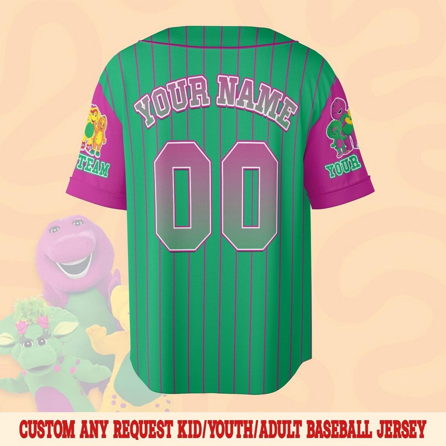 Custom Name And Number Barney And Friends Green Puple Baseball Jersey
