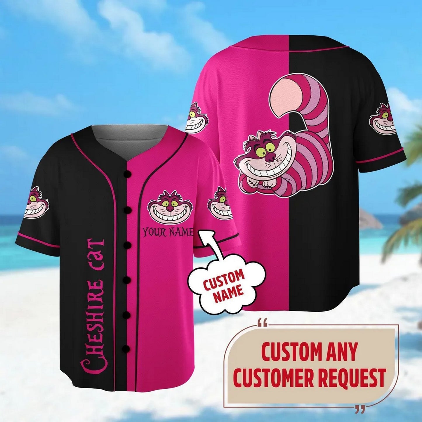Custom Name Cheshire Cat Alice The Wonderland Black Pink Baseball Jersey T-Shirts, Hoodie, Sweatshirt (Image 1)