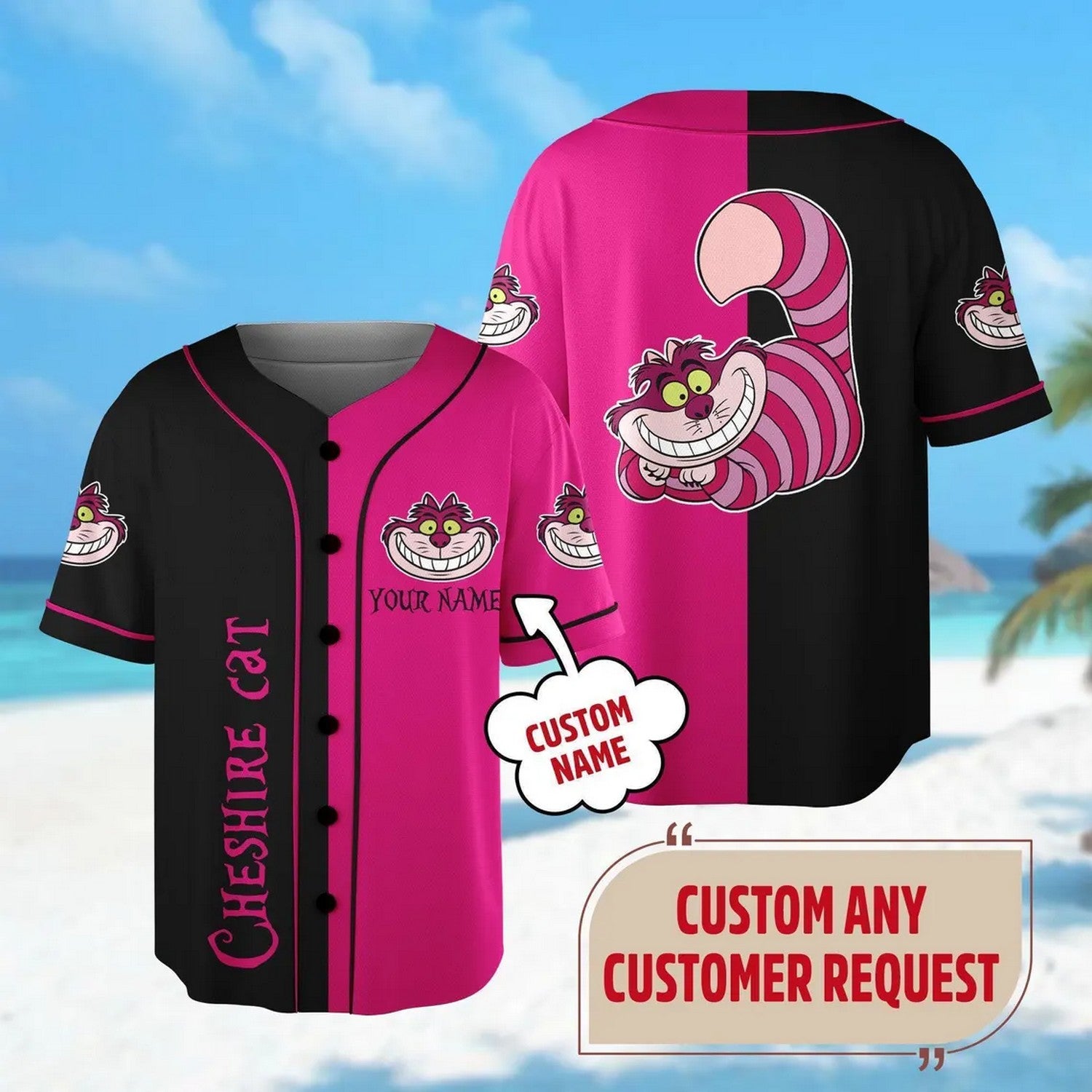 Custom Name Cheshire Cat Alice The Wonderland Black Pink Baseball Jersey T-Shirts, Hoodie, Sweatshirt (Image 1)