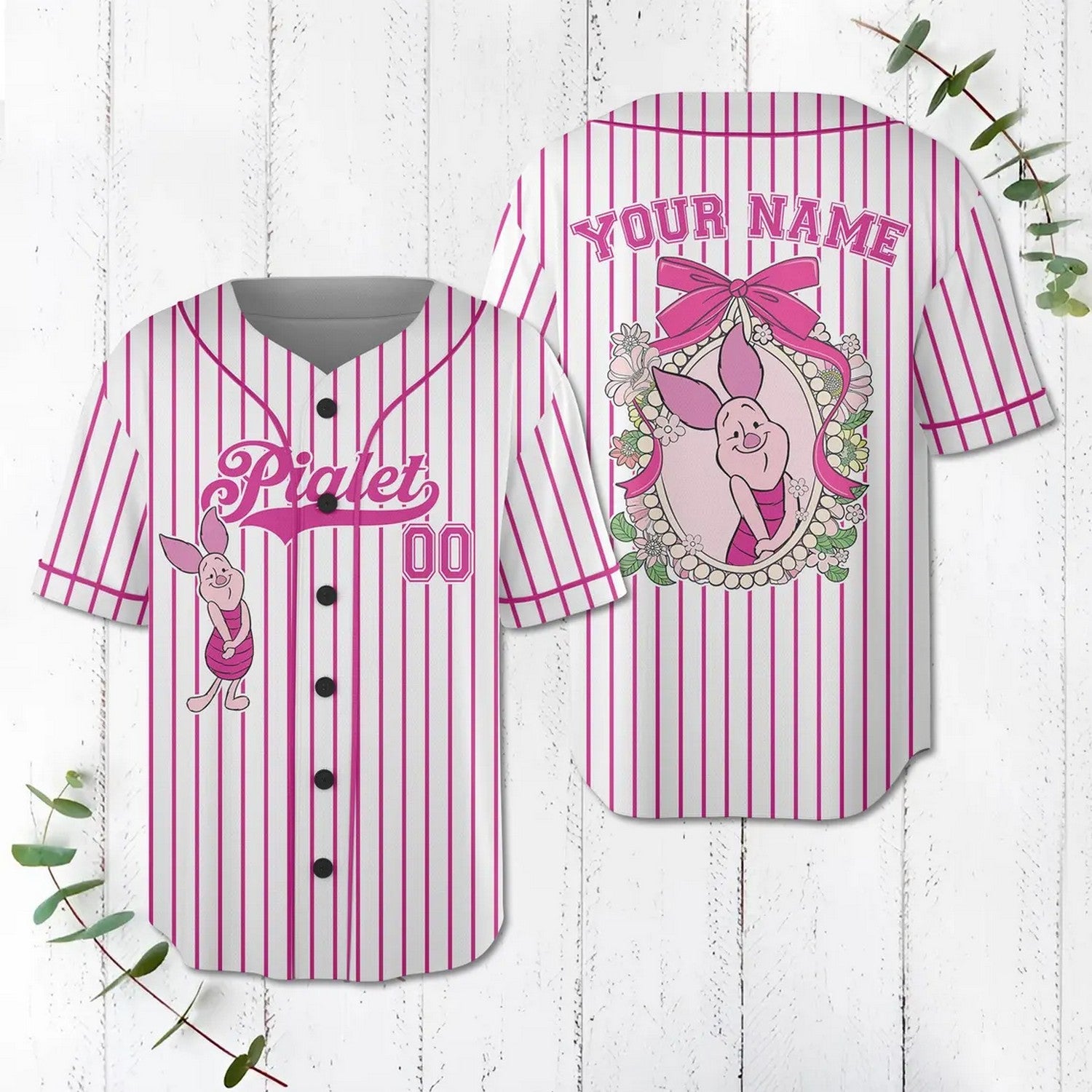 Custom Name And Number Coquette Bow Winnie The Pooh Piglet Baseball Jersey T-Shirts, Hoodie, Sweatshirt (Image 1)