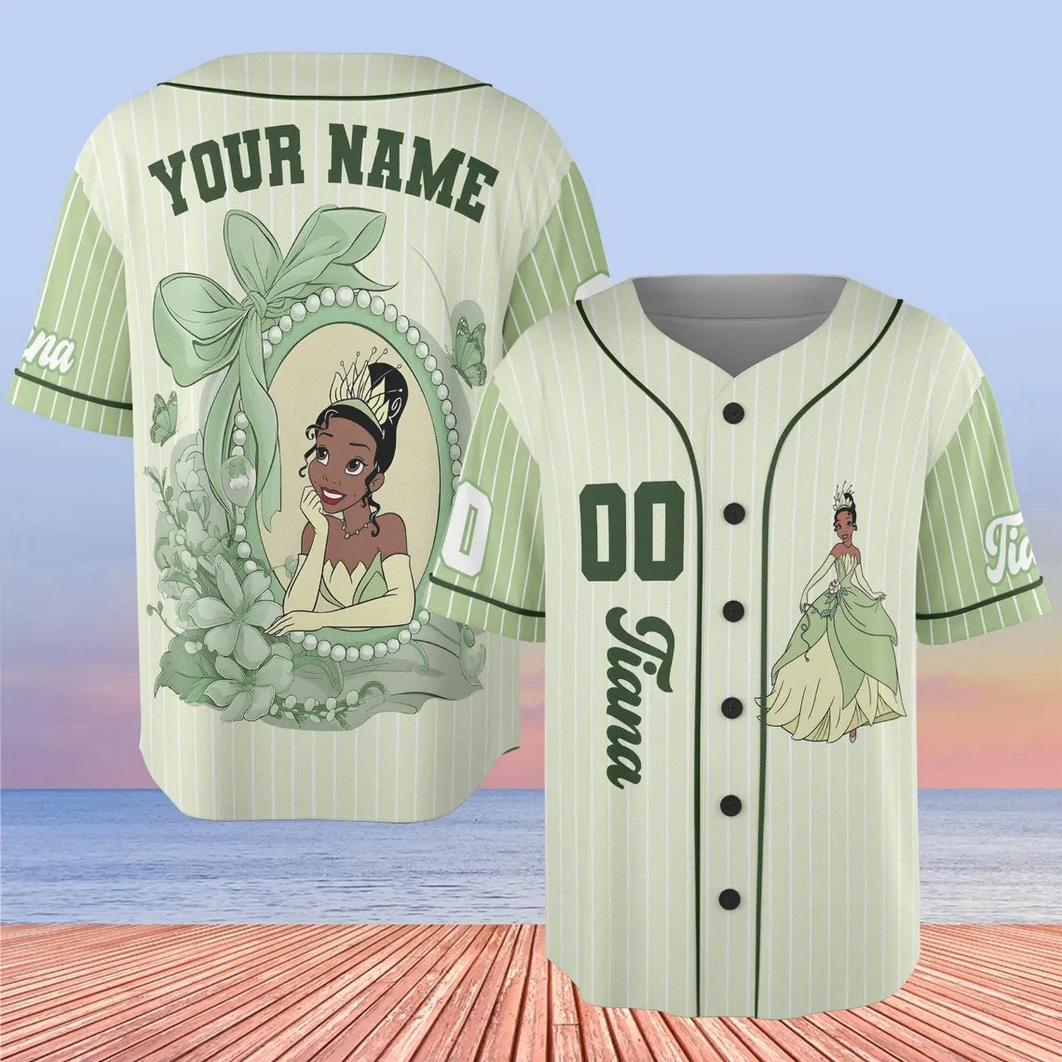 Custom Name And Number Coquette Princess Tiana Green Baseball Jersey T-Shirts, Hoodie, Sweatshirt | WearSparks.com (Image 1)