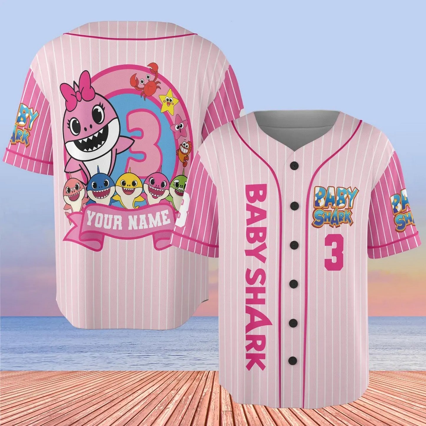 Custom Name And Number Cute Baby Shark Pink Baseball Jersey