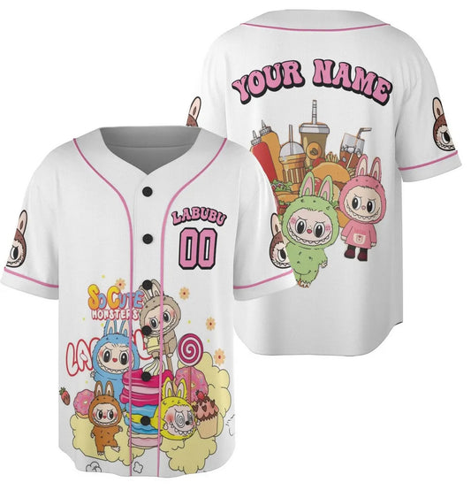 Custom Name And Number Labubu And Cake Milk Tea Simple White Baseball Jersey T-Shirts, Hoodie, Sweatshirt (Image 1)