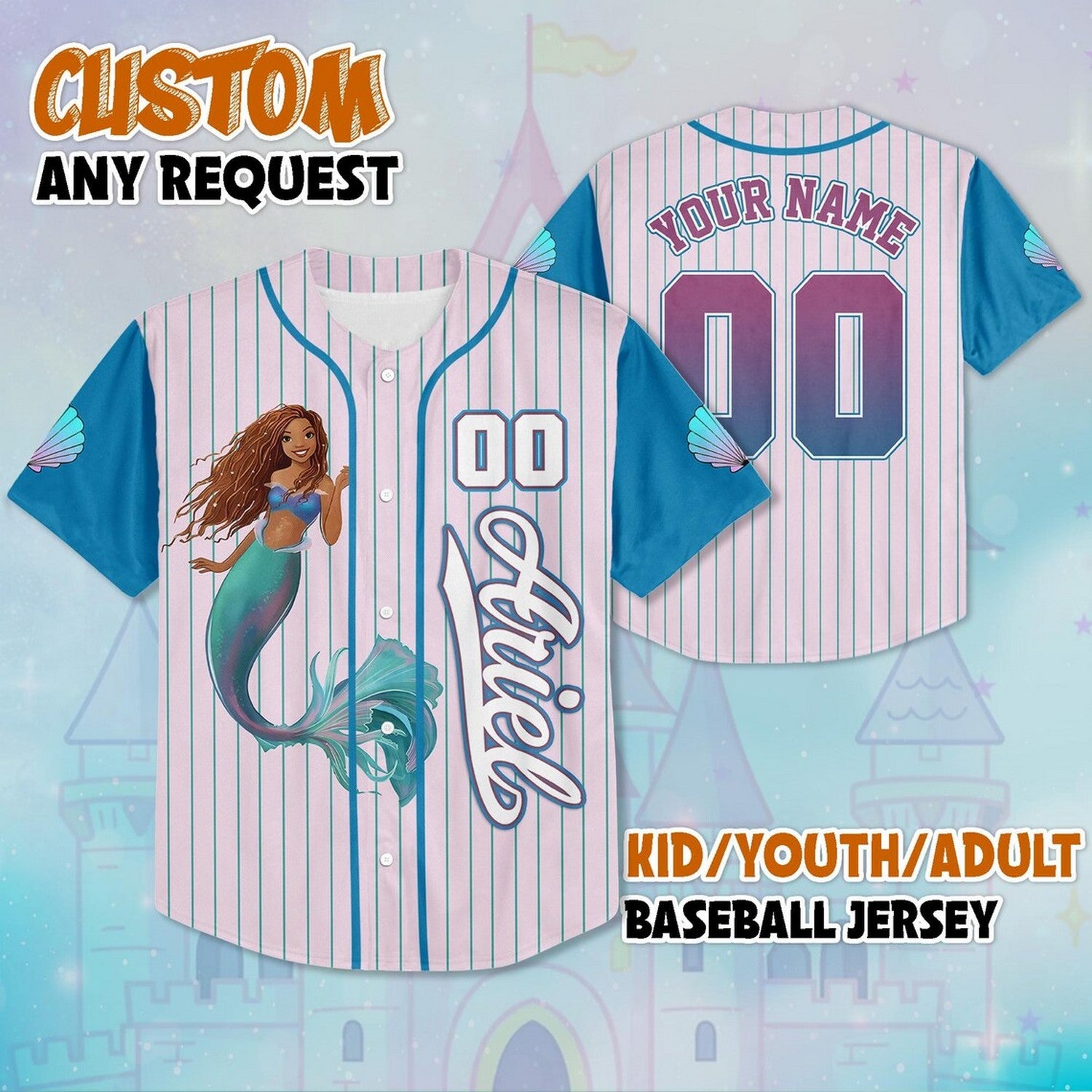 Custom Name And Number The Little Mermaid Princess Ariel Blue Pink Baseball Jersey T-Shirts, Hoodie, Sweatshirt (Image 2)