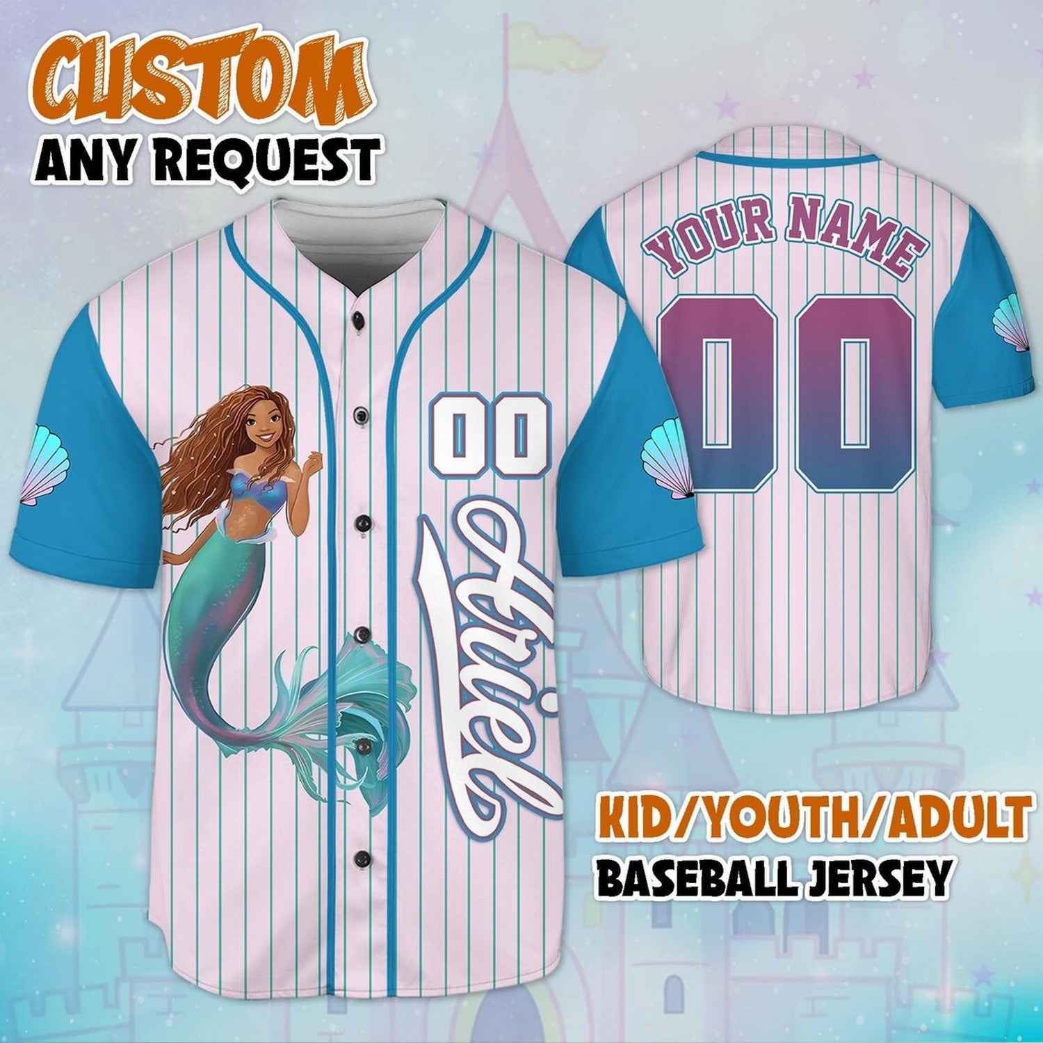Custom Name And Number The Little Mermaid Princess Ariel Blue Pink Baseball Jersey T-Shirts, Hoodie, Sweatshirt (Image 1)