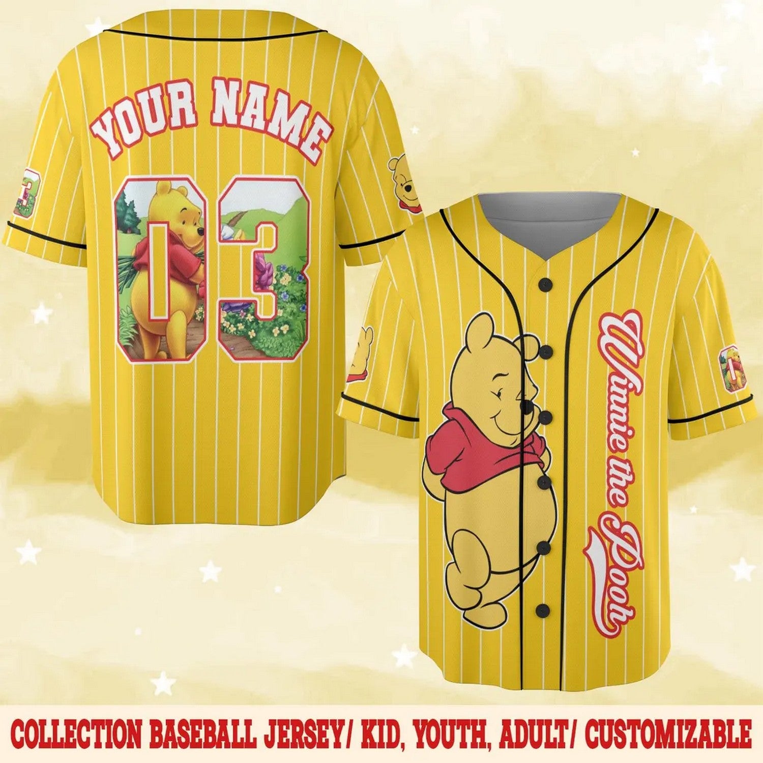 Custom Name And Number Winnie The Pooh Bear Yellow Baseball Jersey T-Shirts, Hoodie, Sweatshirt | WearSparks.com (Image 1)