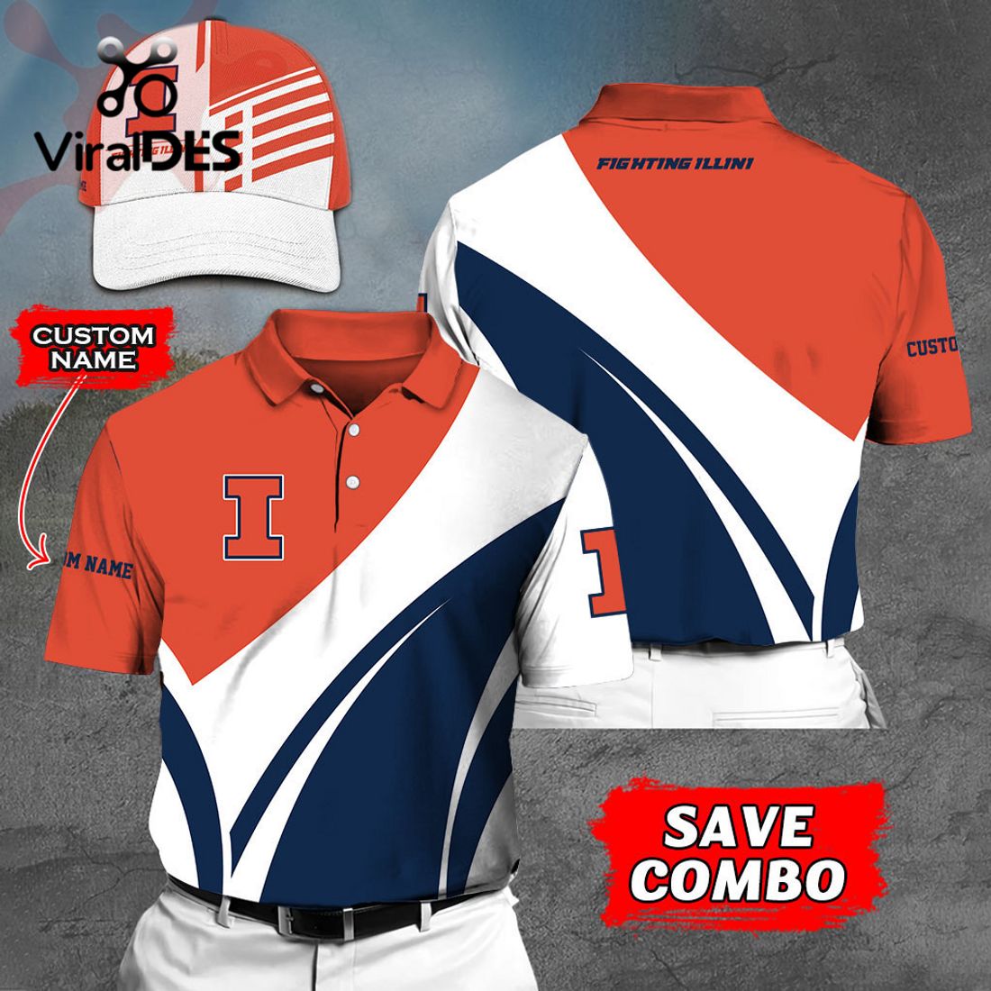 Custom Name Illinois Fighting Illini Polo, Cap Limited Edition