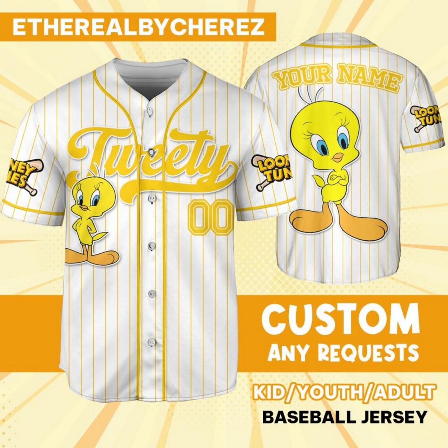 Custom Name Looney Tune Tweety Simple Baseball Jersey