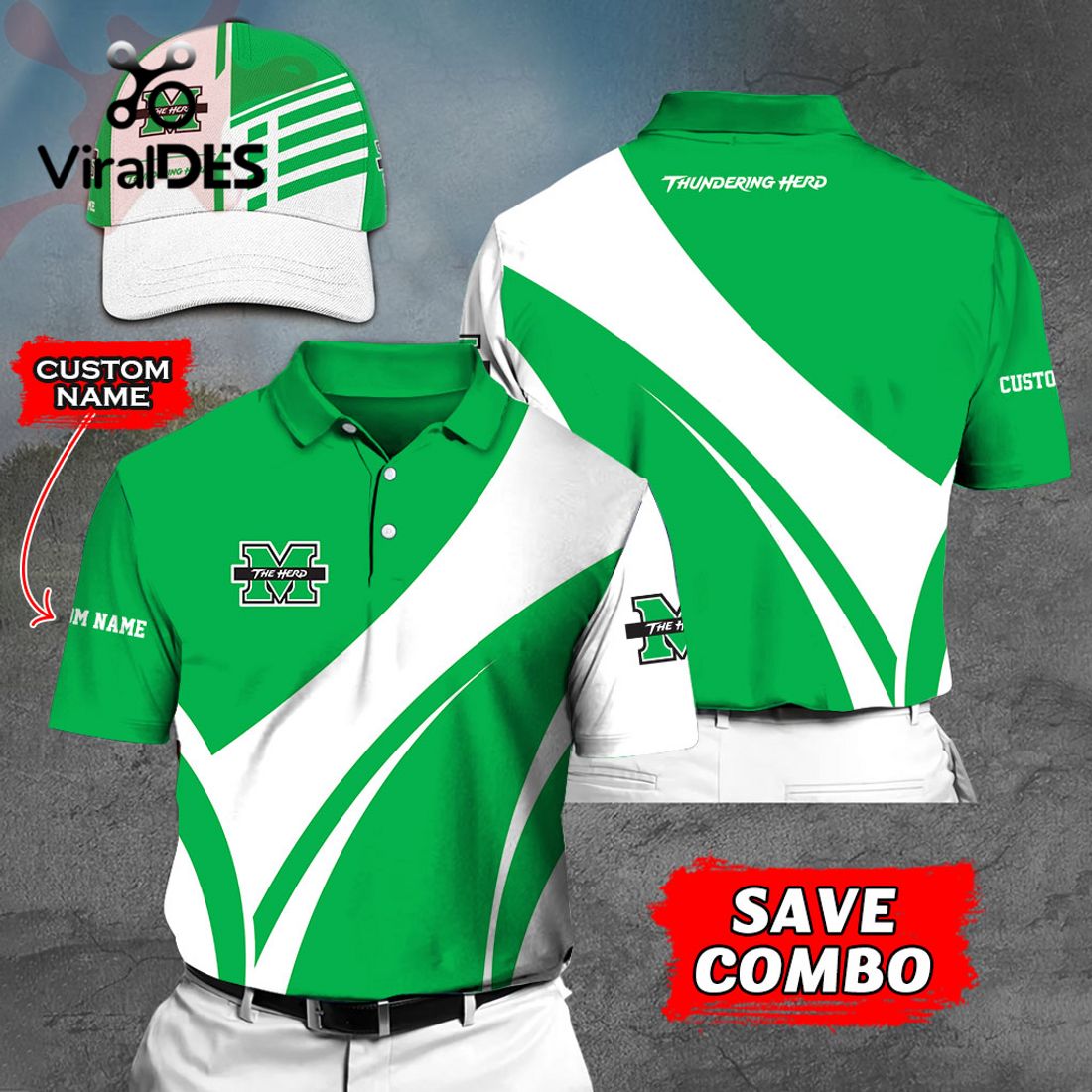 Custom Name Marshall Thundering Herd Polo, Cap Limited Edition