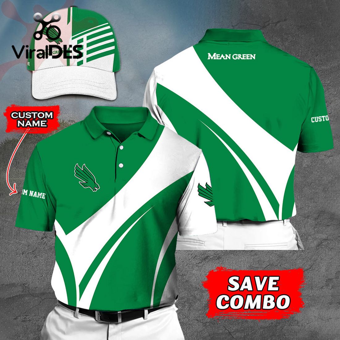 Custom Name NORTH TEXAS MEAN GREEN Polo, Cap Limited Edition