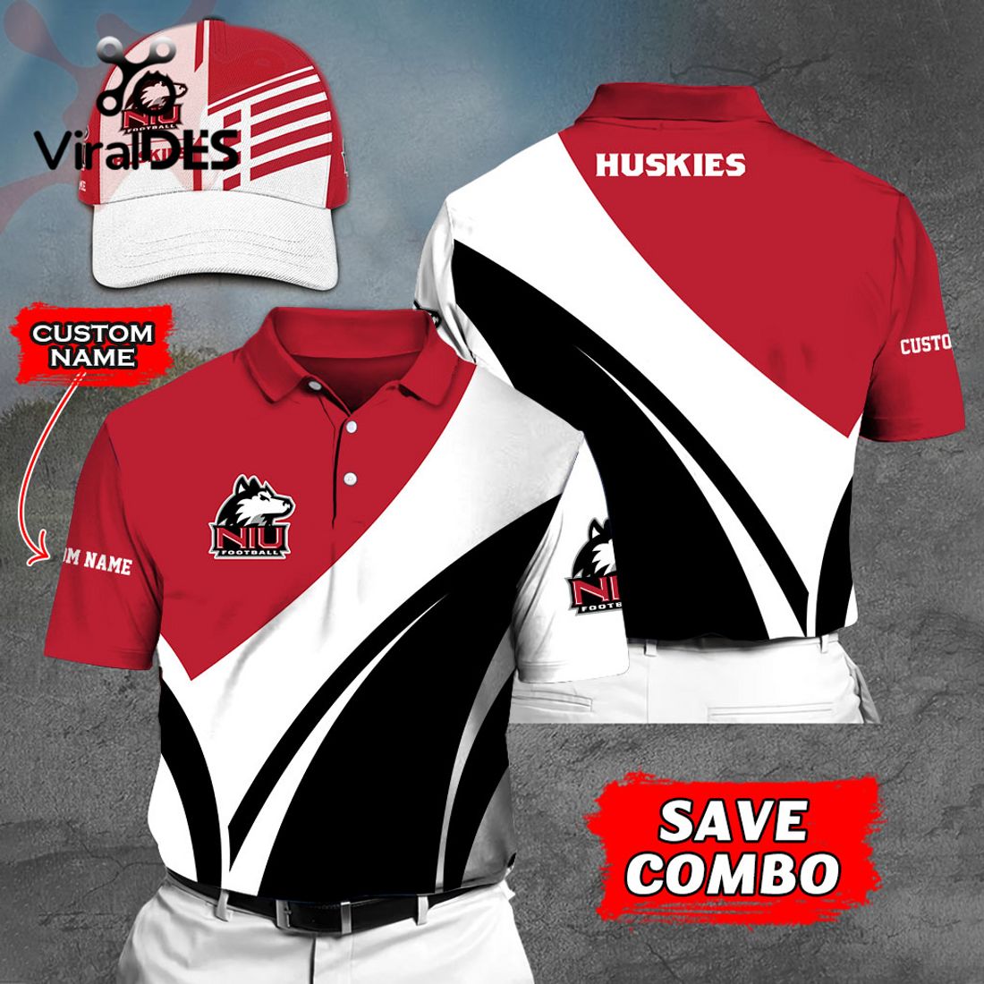 Custom Name Northern Illinois Huskies Polo, Cap Limited Edition