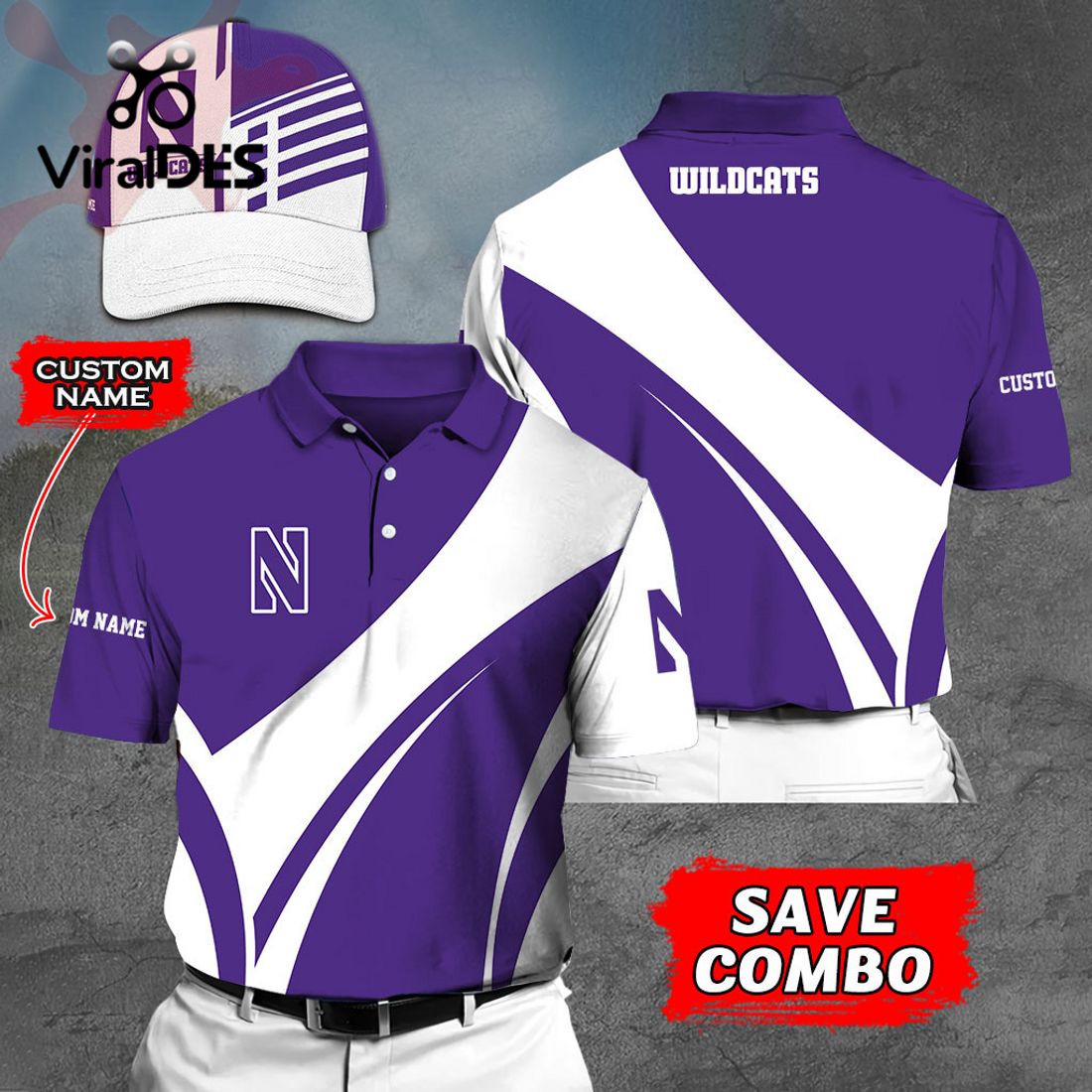Custom Name Northwestern Wildcats Polo, Cap Limited Edition