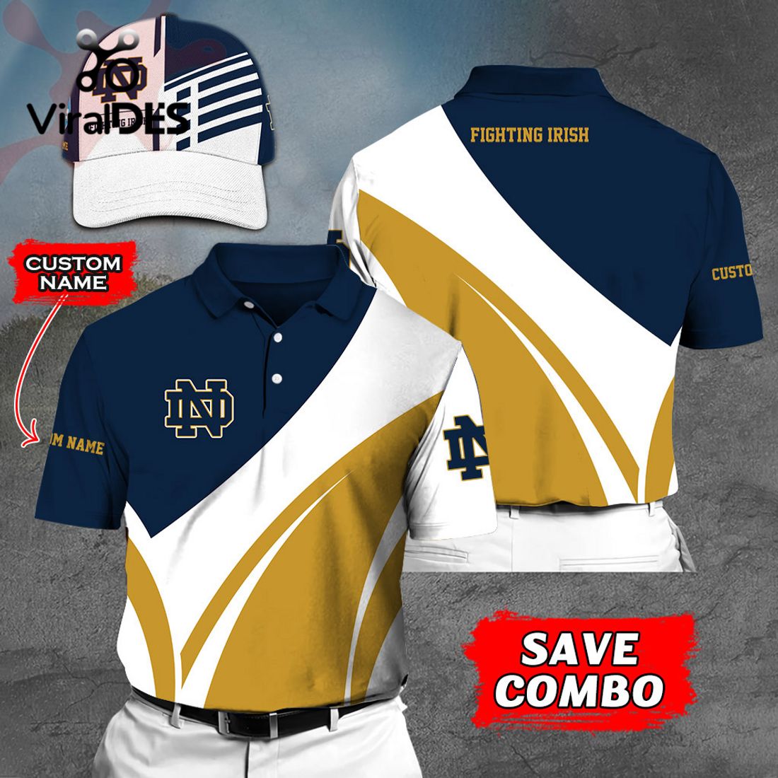 Custom Name Notre Dame Fighting Irish Polo, Cap Limited Edition