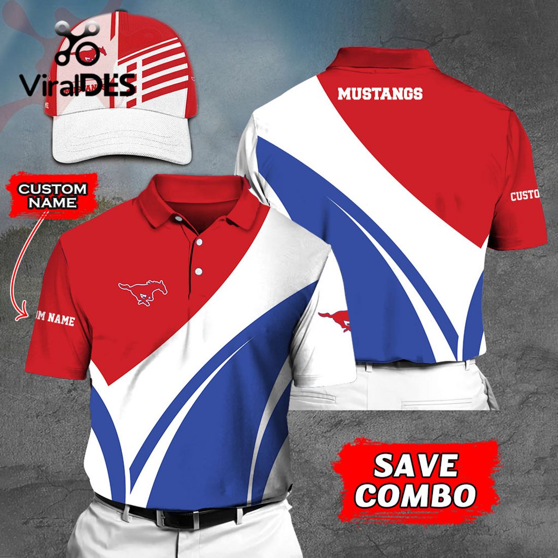 Custom Name SMU Mustangs Polo, Cap Limited Edition