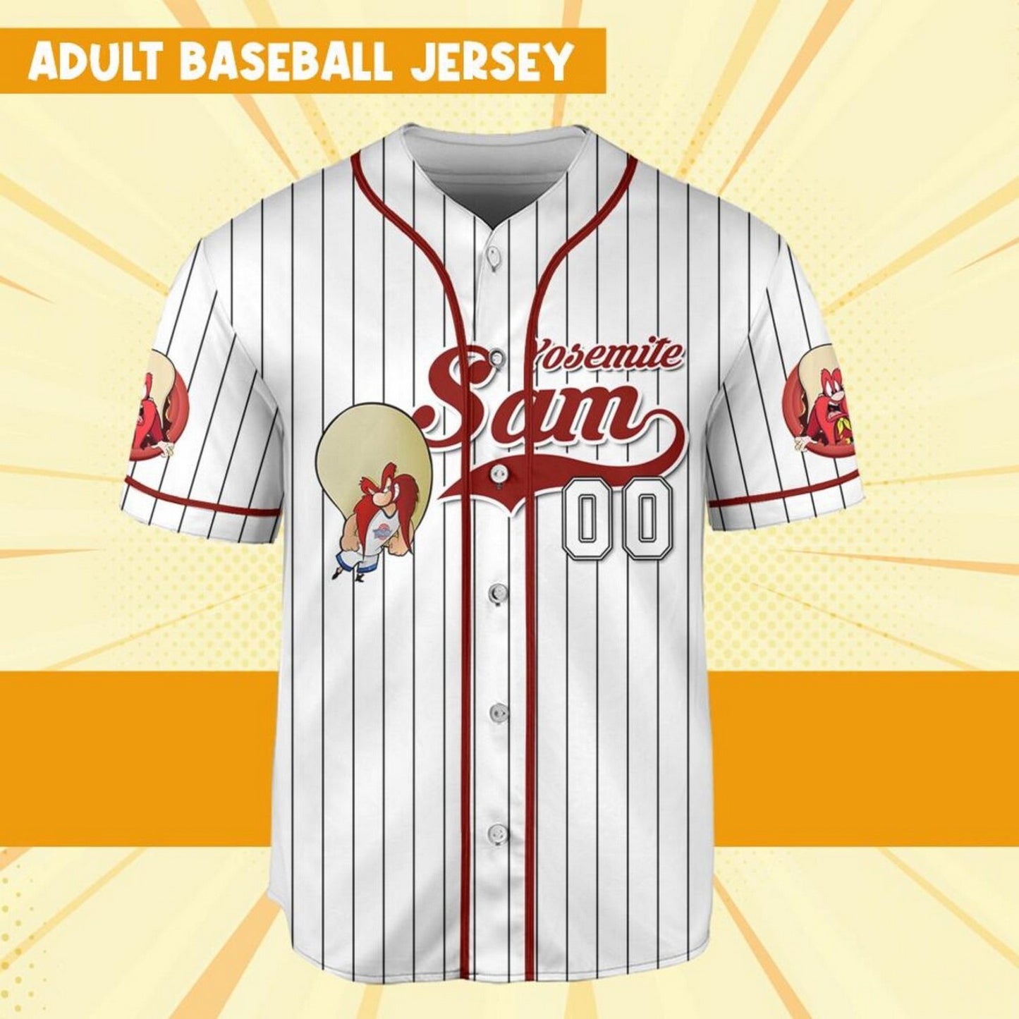 Custom Name Sporty Yosemite Sam Jersey Red White Baseball Jersey