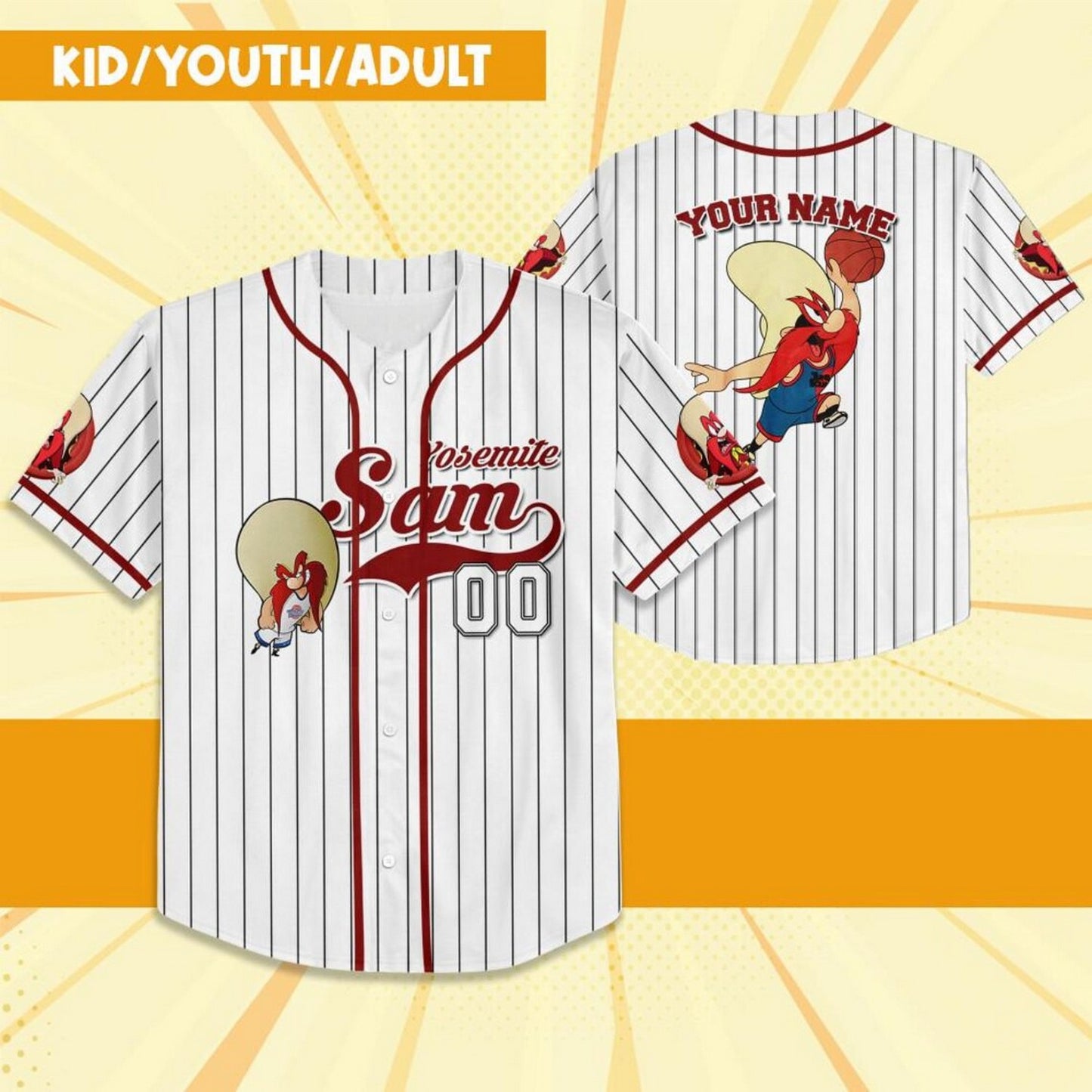 Custom Name Sporty Yosemite Sam Jersey Red White Baseball Jersey