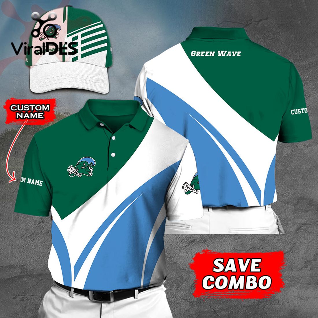 Custom Name Tulane Green Wave Polo, Cap Limited Edition