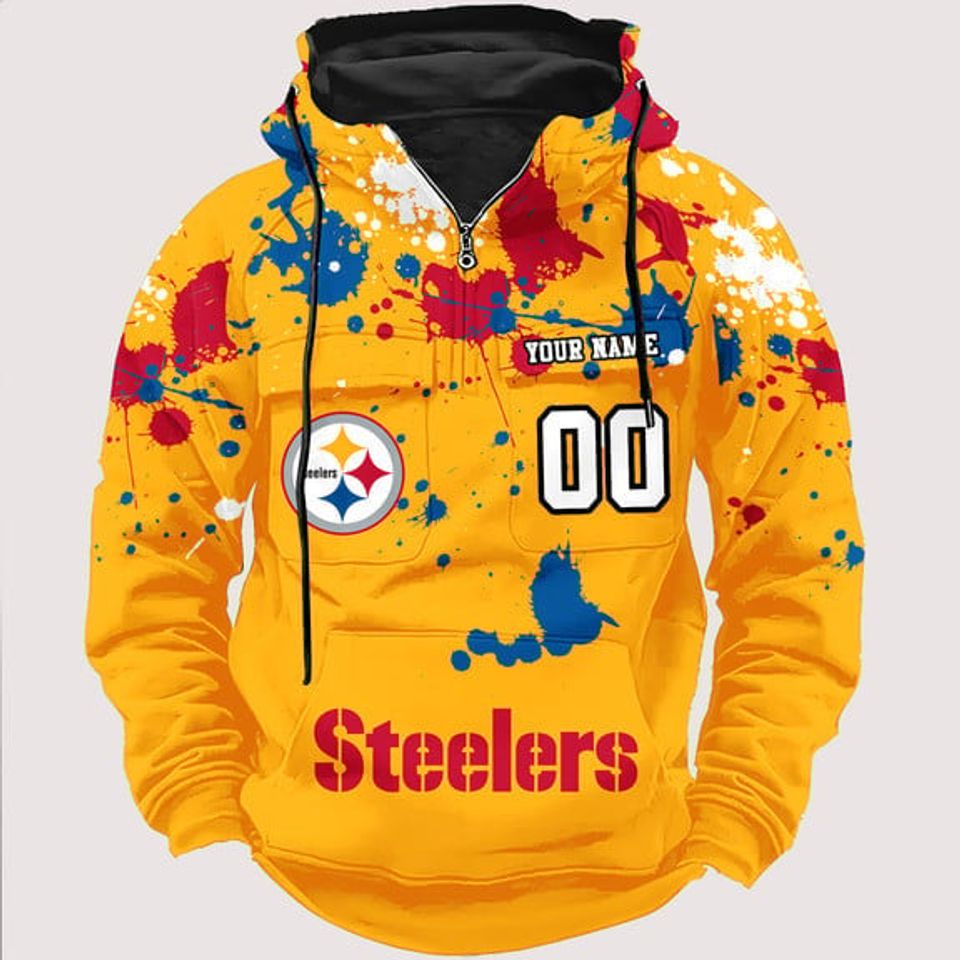 Personalized Pittsburgh Steeler Paint-Splatter Custom Name Number 3D Cargo Hoodie