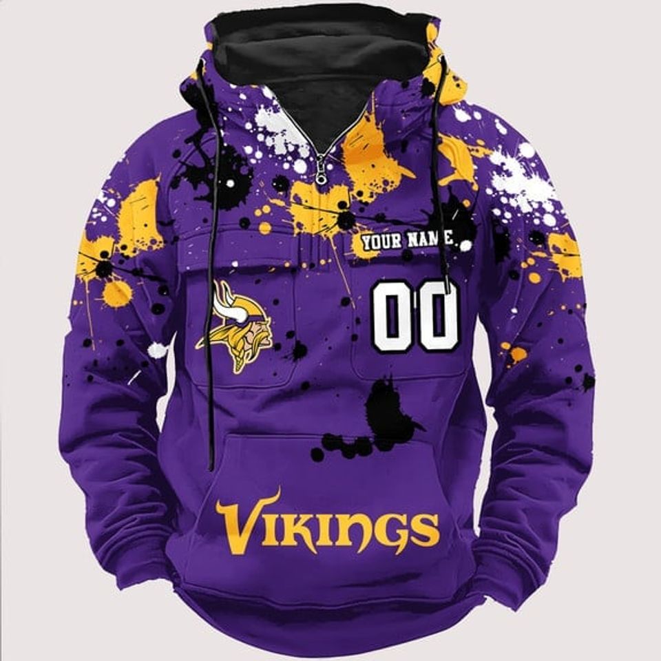 Personalized Minnesota Vikings Paint-Splatter Custom Name Number 3D Cargo Hoodie