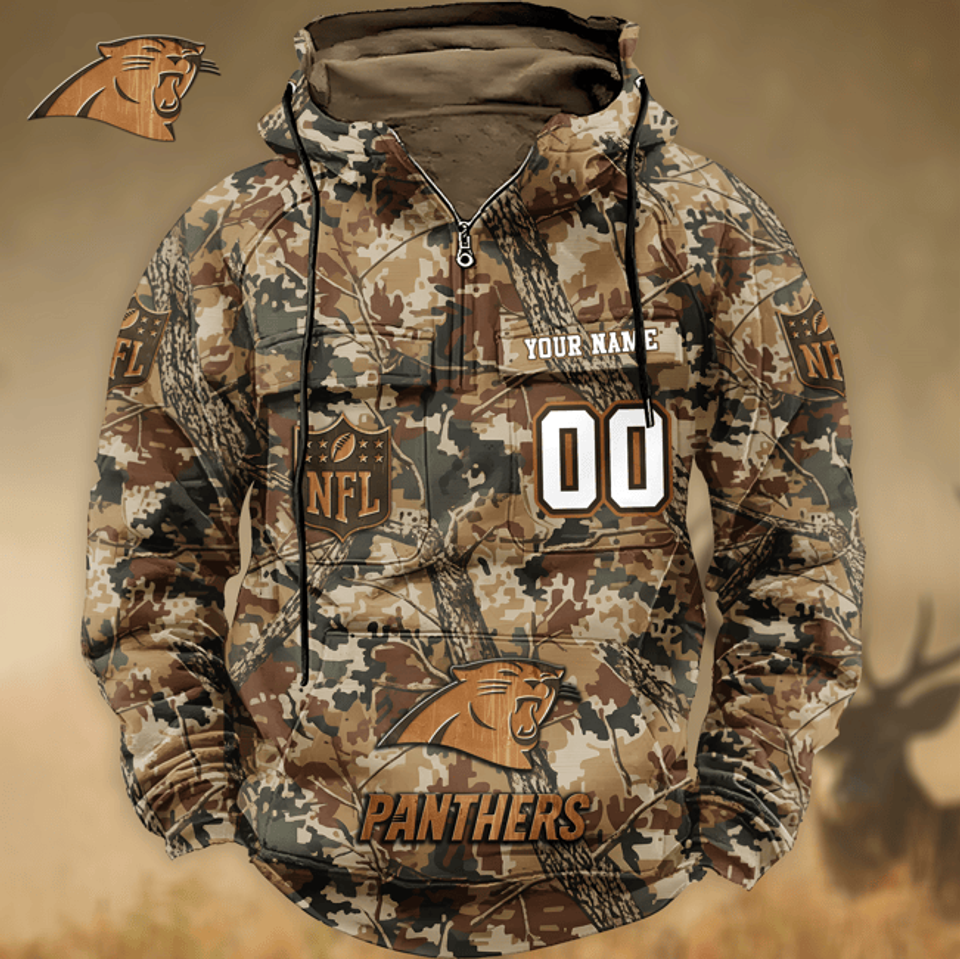 Carolina Panthers Custom Name Number Camo Huntin' 3D Cargo Hoodie