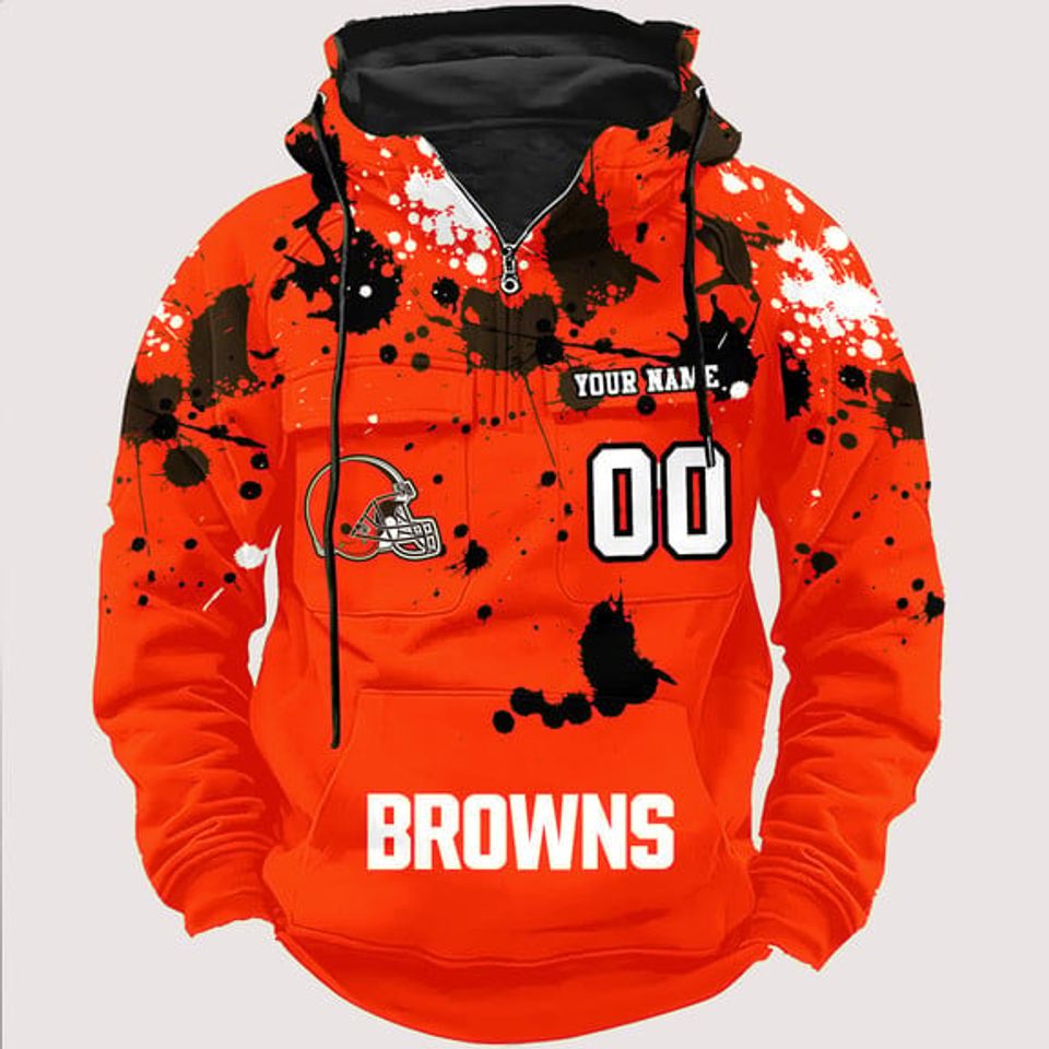 Personalized Clevelan Browns Paint-Splatter Custom Name Number 3D Cargo Hoodie