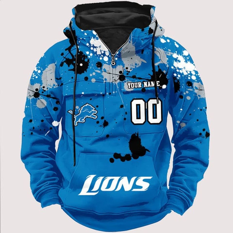Personalized Detroit Lions Paint-Splatter Custom Name Number 3D Cargo Hoodie