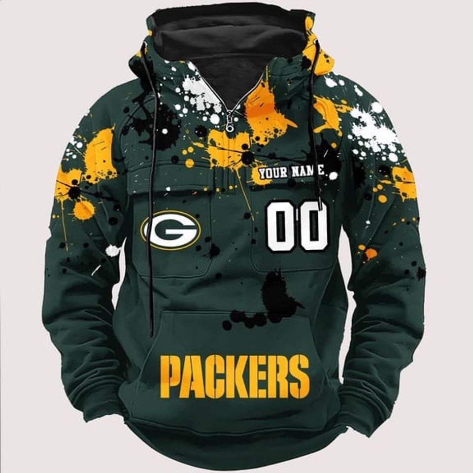 Personalized Green Bay Packers Paint-Splatter Custom Name Number 3D Cargo Hoodie
