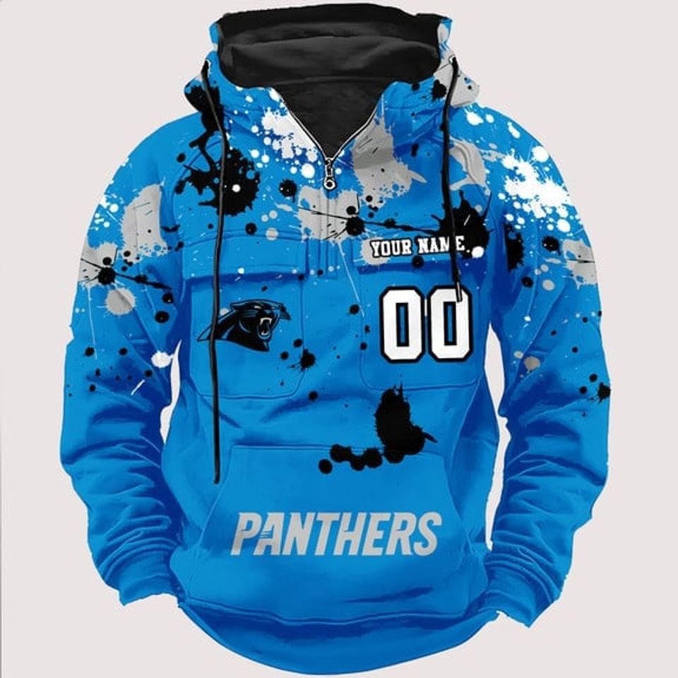 Personalized Carolina Panthers Paint-Splatter Custom Name Number 3D Cargo Hoodie