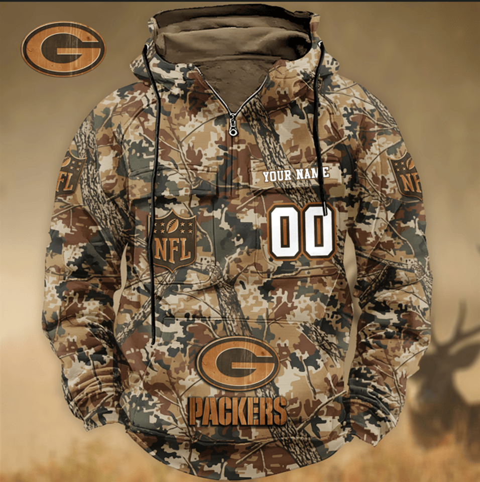 Green Bay Packers Custom Name Number Camo Huntin' 3D Cargo Hoodie