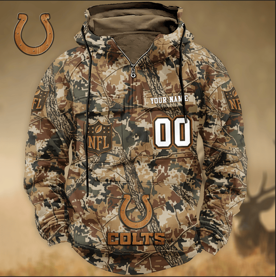 Indianapolis Colts Custom Name Number Camo Huntin' 3D Cargo Hoodie
