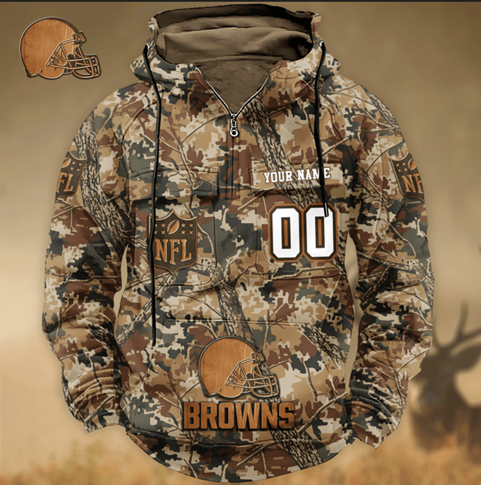 Clevelan Browns Custom Name Number Camo Huntin' 3D Cargo Hoodie