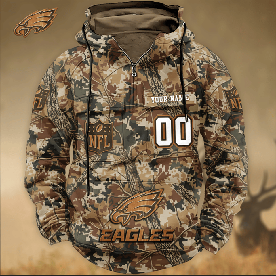 Philadelphia Eagle Custom Name Number Camo Huntin' 3D Cargo Hoodie