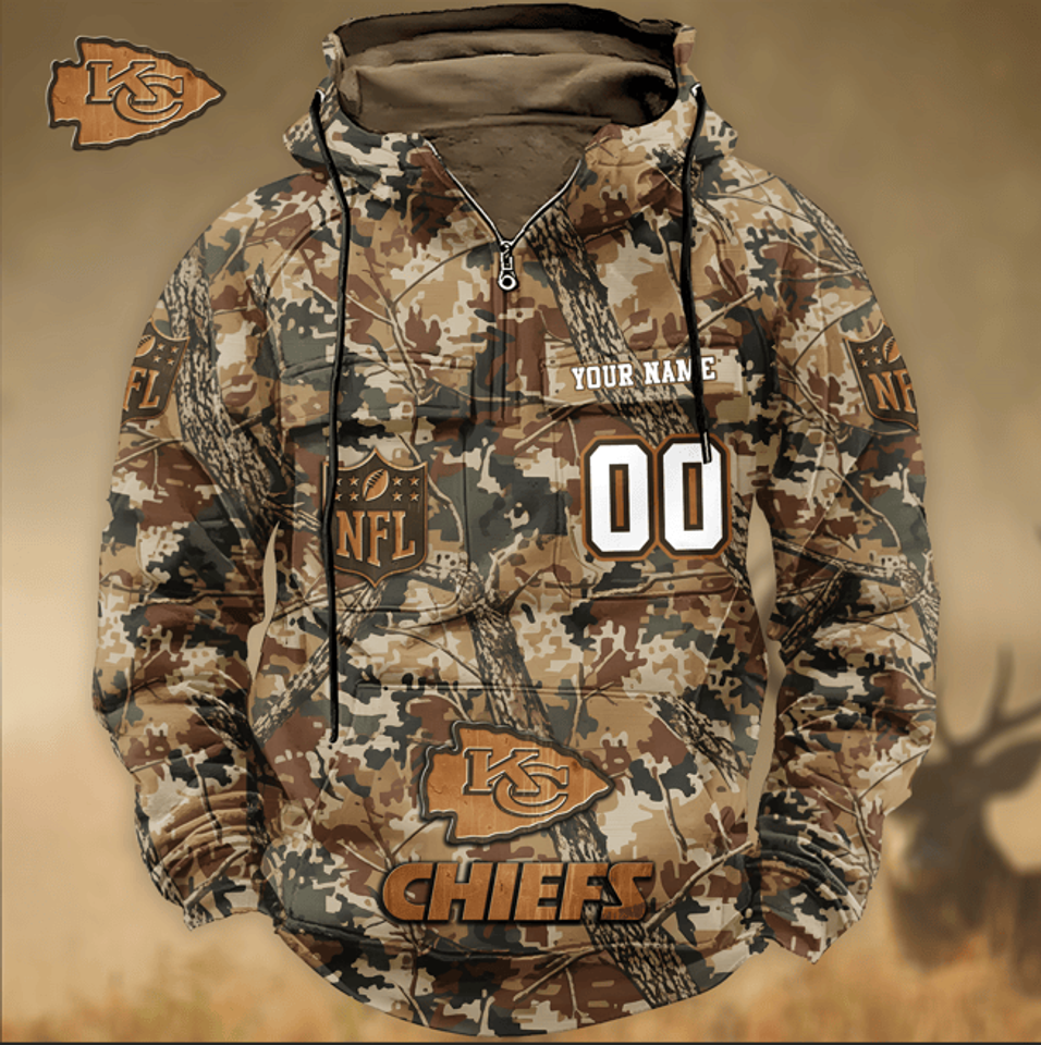 Kansas Football Team Custom Name Number Camo Huntin' 3D Cargo Hoodie