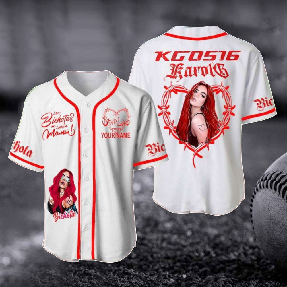 Customized Karol G Red Hair Baseball Jersey – Strip Love Tour Shirt Music Baseball Shirt – Gift For Fan