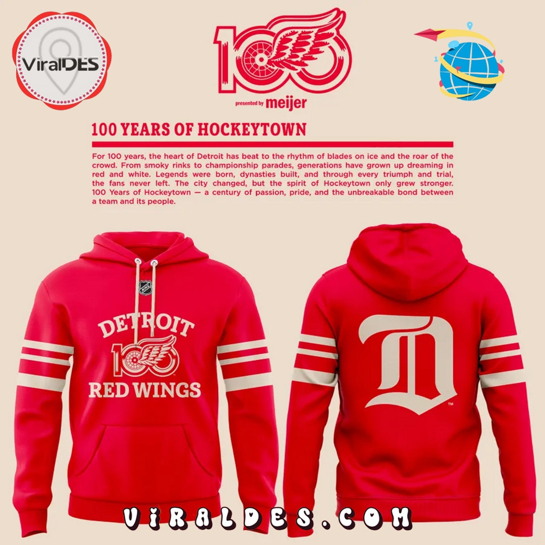 Detroit Red Wings 100 Years Of Hockeytown Hoodie 2025