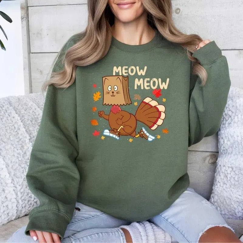 eow Meow Funny Turkey Thanksgiving Sweatshirt, Thanksgiving Turkey Sweater Unisex