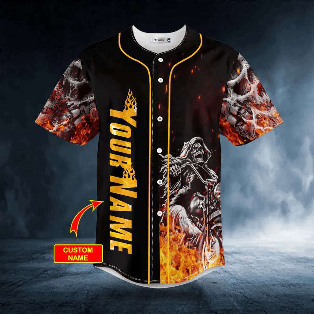 Fire Ghost Rider Biker Skull Custom Baseball Jersey For Men Women, Men's Baseball Jersey For Men Women -... (Image 2)