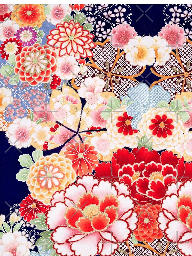 ANTIQUE JAPANESE FLOWERS Pink White Wild Roses Kimono Style Floral by BulganLumini