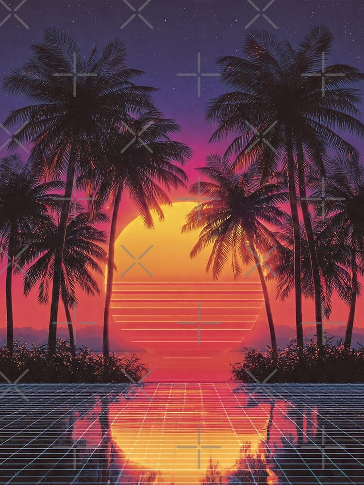 Synthwave Sunset Palm Trees Retro Grid Art by greatlakesea