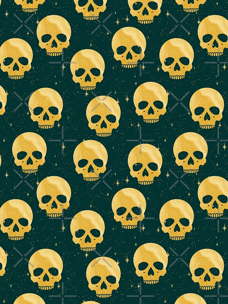 Whimsigoth Golden Skulls on Deep Green by Little Wimbly