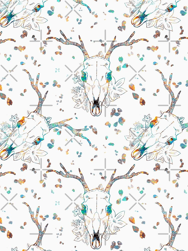 Whimsigoth Iridescent Deer Skull Floral Pattern on White by Little Wimbly