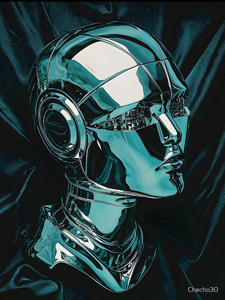 Futuristic metallic teal android bust illustration by Checho30