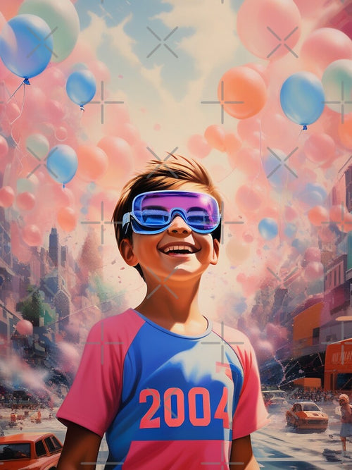 "Nostalgic Bliss: Young Boy with Retro Vibe and Pink Balloons in the Distance" by Eandbeyond