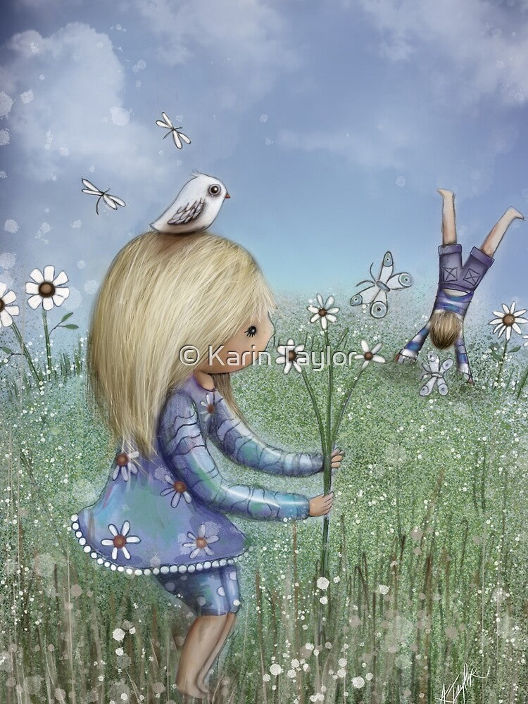 Whimsical Childhood Innocence Girl and Boy in Daisy Summer Garden by Karin Taylor