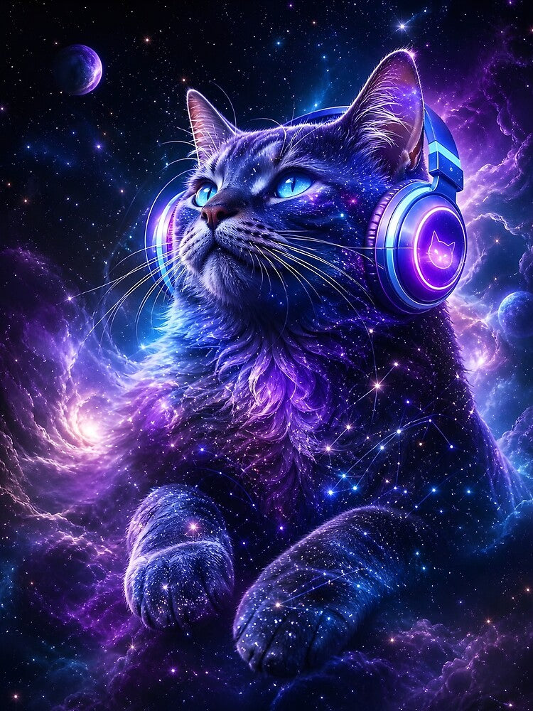 Cosmic Galaxy Cat with Headphones Neon Purple Space Art by ThePixelMind