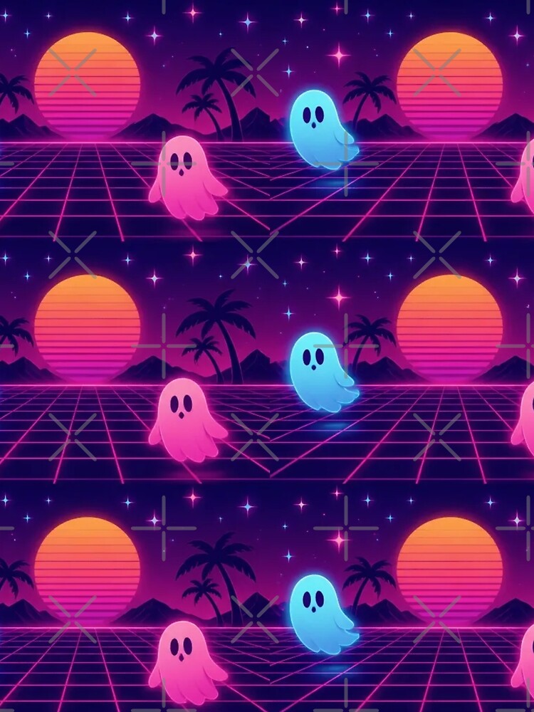 Retro Halloween Ghost Sunset Grid Vaporwave Pattern by StickyGuys