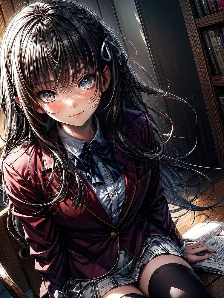 Anime schoolgirl in library portrait art by TheArtistOf2022